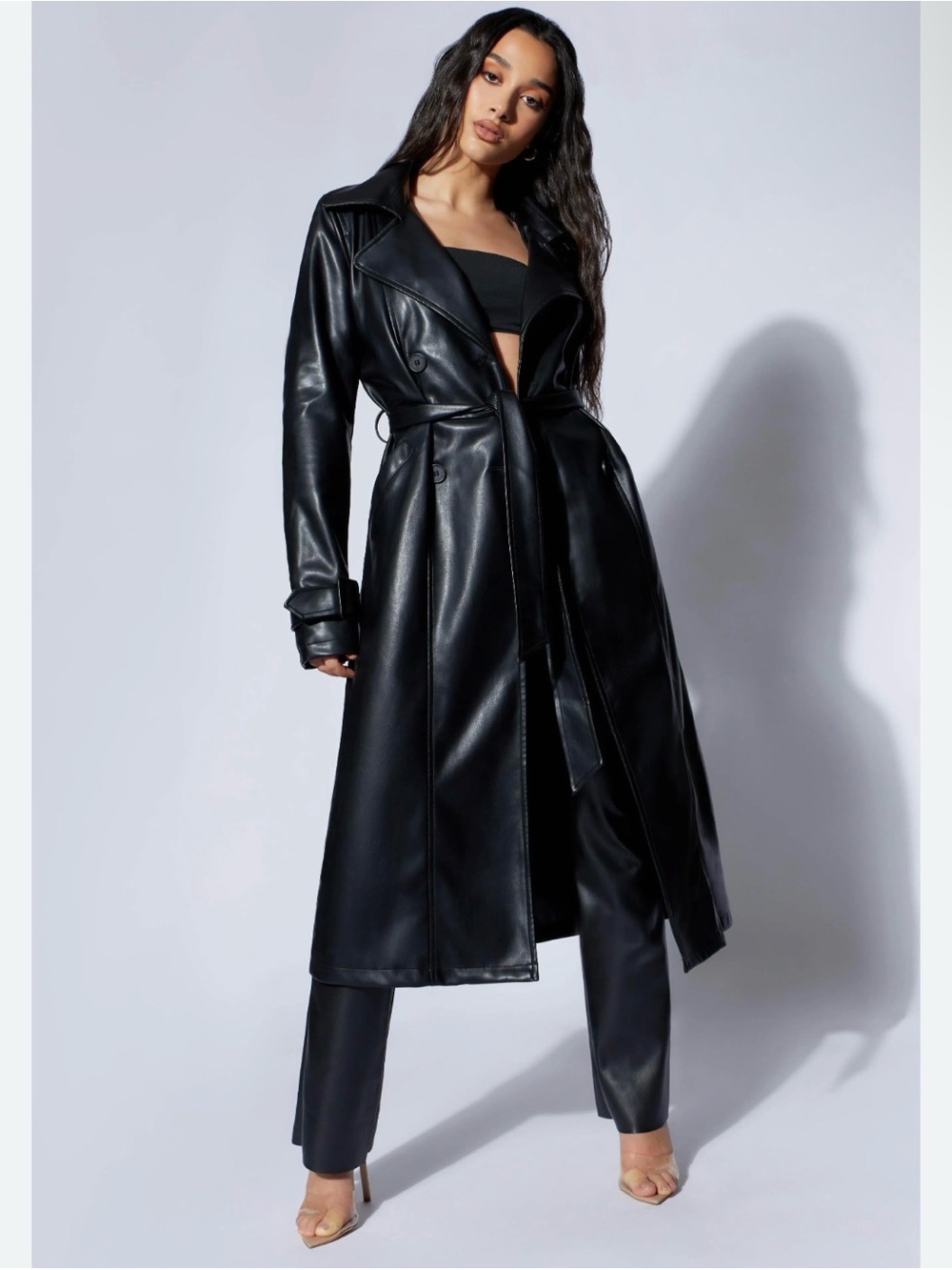 Meshki Black Faux Leather Trench Coat with Waist Tie 🚫Weared 1 Time🚫